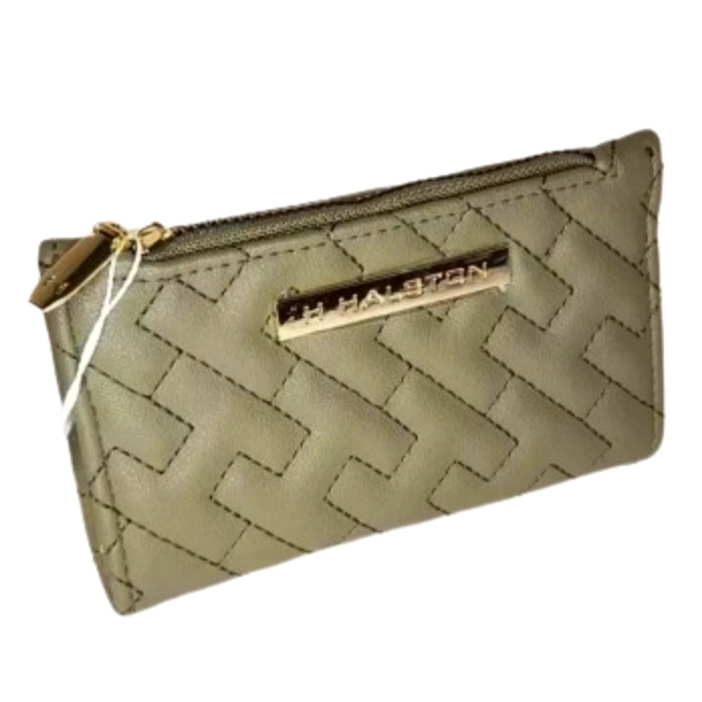 Halston NWT Quilted Faux Leather Olive Wallet with Gold Tone Hardware & ID Slot